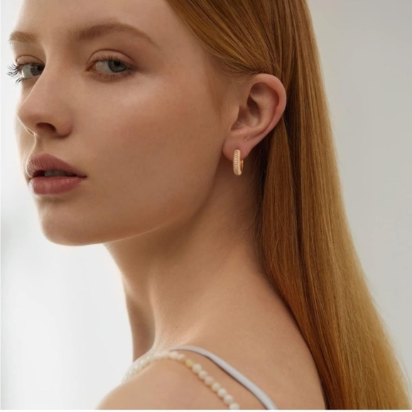 Gold 14k Gold Plated Textured Cubic Zirconia Hoop Earrings - Picture 1 of 4